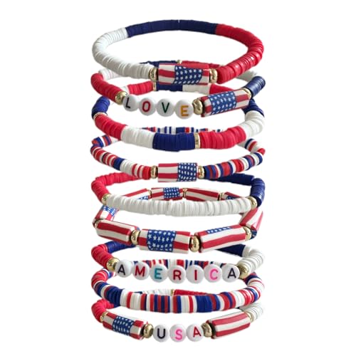 4th of July Bracelets Accessories-American Flag Friendship Love Bracelets, Red White Blue, 9 Piece Set, Patriotic USA Jewelry for Men Women