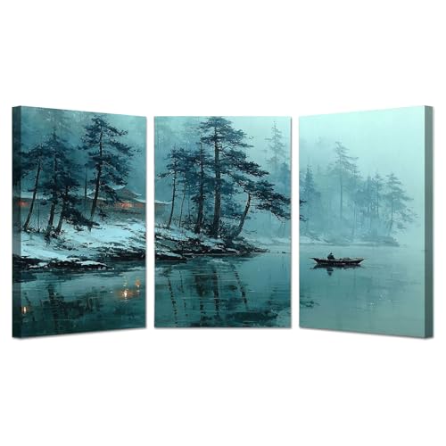 Impression sur toile haut de gamme de paysage d'arbre vintage et lac d'hiver