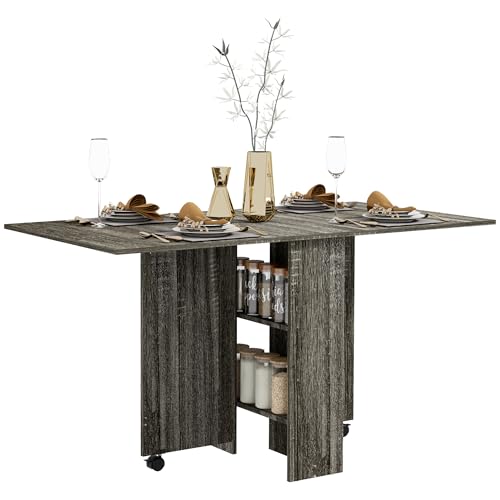 HOMCOM Mesa de Comedor Plegable, Mesa de Cocina Plegable para 6 Personas, Escritorio Que Ahorra Espacio con 2 Estantes Abiertos y Ruedas con Freno, para Salón, Oficina, 140x75x74cm, Gris