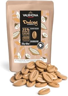 Valrhona Premium French Baking Blonde Chocolate Discs (Feves). DULCEY 35% Cacao. Creamy, Caramel Cookie Flavor Notes. Easy Melt & Tempering. Creamy, Balanced, For Luscious Frostings. 250g