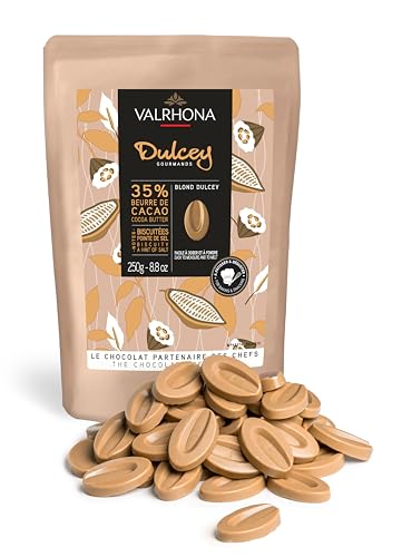 Valrhona Premium French Baking Blonde Chocolate Discs (Feves). DULCEY 35% Cacao. Creamy, Caramel Cookie Flavor Notes. Easy Melt & Tempering. Creamy, Balanced, For Luscious Frostings. 250g (Pack of 1)