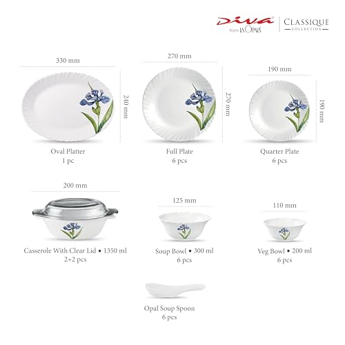 Image of La Opala Diva Classique Collection Opal Glass Crockery | for Family of 6 | Dinner Set 35 pcs Royal Iris | Plates & Bowls for Dining | Microwave Safe | 100% Vegetarian | Extra Strong | White
