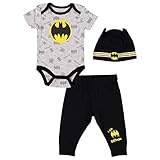 Batman Baby Boys Clothes 3-Piece Set - Baby Bodysuit, Hat, and Pants - Batman Baby Stuff (Grey/Black/Yellow 2, 3-6M)