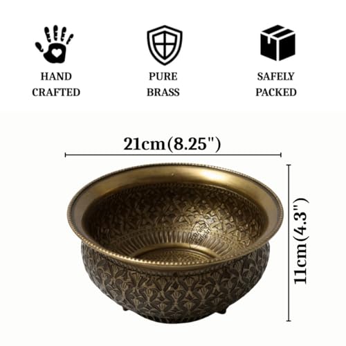 Image of Decorative Brass Chitai 8 inches Urli | Table Centerpiece Flower Floating Bowl | Urali for Mandap, Haldi, Mehendi, Wedding, Reception Decor | Brass Antique | 1500ml