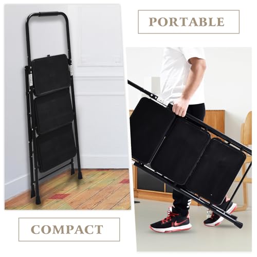 Wiberwi 3 Step Ladder Folding Step Stool for Adults with Top Handrail 330 Lbs Capacity, Lightweight & Portable Step 3 Stool Ladders with Wide Pedal for Home Kitchen Sturdy Steel Frame Black