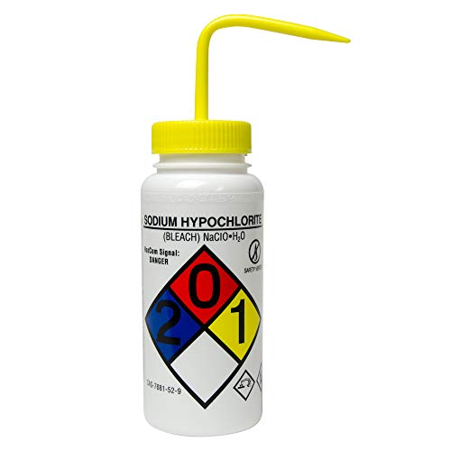 16 oz. Low Density Plastic Sodium Hypochlorite Labeled Wide Mouth 4 Color Wash Bottle with Yellow Cap and Spout (4 Pack)
