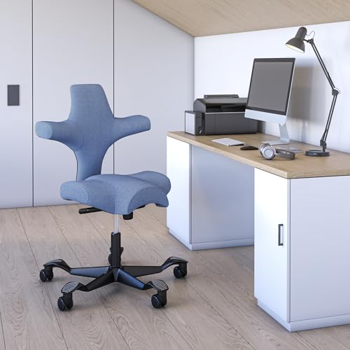 Image of HAG Capisco Standard Chair-Black Frame-Upholstered Light Blue Washed