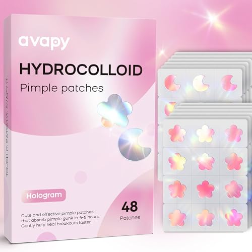 AVAPY Pimple Patches for Face, Cute Hydrocolloid Acne Patches, Colorful Hologram Flower Sport Stickers, Zits & Blemish, Pimple Patch with Salicylic Acid, Pink Moon Flower 12MM (48 Count)