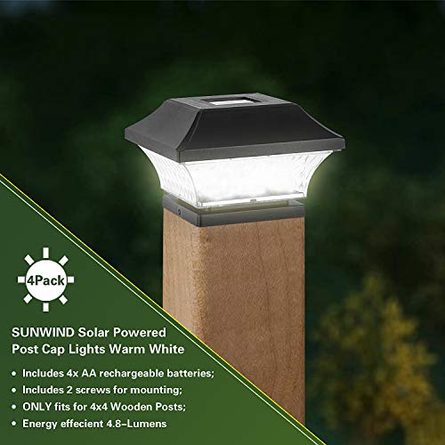 Solar Post Cap Lights Outdoor- 4 Pack LED Fence Post Lights for Wooden Posts Warm White Waterproof for Deck, Patio or Garden Decoration (Black)