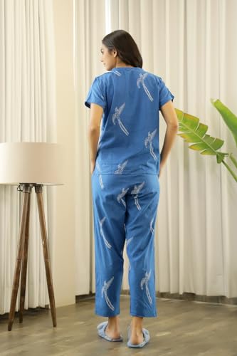Image of SAY Printed Night Suit for Women Cotton Night Suit Set, Shirt and Pyjama, Lounge Wear Night Dress for Women - Blue