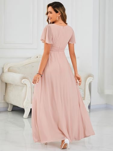 Image of Ever-Pretty Women's Spring Elegant Round Neck Short Sleeve Chiffon Empire Waist Floor Length Formal Dresses Bridesmaid Dress
