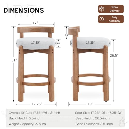 Image of CIMOTA 26.5 inch Counter Height Bar Stools Set of 6, Mid Century Modern Low Back Bar Chairs with Solid Wood Legs & Linen Upholstered Seat, Kitchen Island Stools, Light Grey