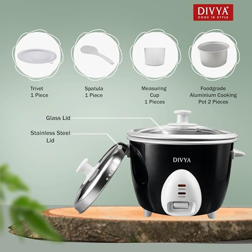 Image of DIVYA 0.6 L Drum Electric Rice Cooker for Home | 300 W | Double Pot Anodised Aluminium | Glass & Stainless Steel Lid | Cook & Keep Warm Function | Compact Rice Cooker | Black
