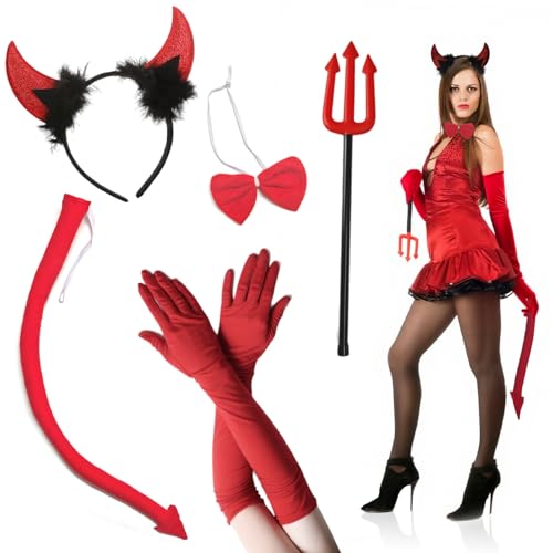 VOPIWOZ Teufel Kostüm Damen 5-Teiliges Set, Halloween Teufelshörner, Dreizack Teufel, Rote Handschuhe Lang, Fliege & Teufelsschwanz, für Damen...