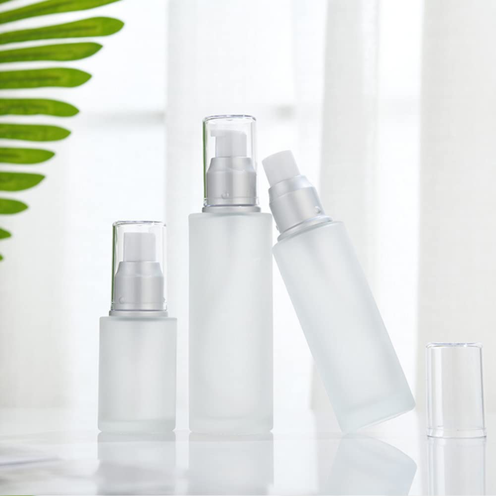 3 botellas vacías de 30 ml / 1 oz de vidrio esmerilado transparente para loción cosmética de viaje, contenedor dispensador de bomba, frascos para base de crema, aceite esencial de emulsión