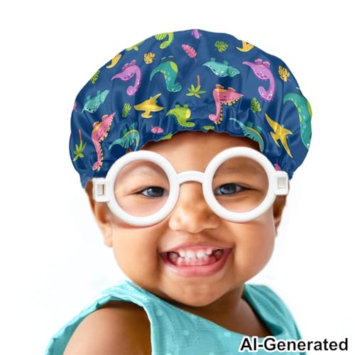 Image of Dinosaur Novelty Print Kids Satin Sleep Cap, Satin Bonnet Boys Girls Adjustable Slouchy Beanie Hat for Night Sleep Curly Spring Summer Fall Winter Hair Cap for Toddler Children Baby
