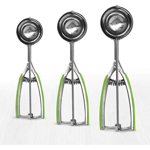 Millvado 3 Pack Stainless Steel Ice Cream and Cookie Scoops | With Green Rubber Grips – Spring Loaded Lever Design – For Sorbet, Melon, Meatballs, Muffins, and More – Includes 1 Oz, 2 Oz, 3 Oz Scoop Cover