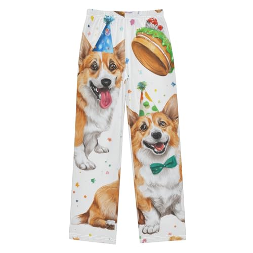 Corgi Dog and Birthday Cake Boys Long Pants Soft Trousers Elastic Waist Kids Lounge Bottoms with Pockets S-XL