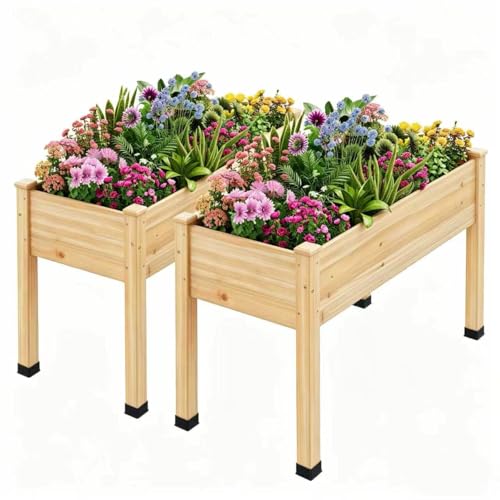 Image of Wood Raised Garden Bed, 48x24x30in Elevated Wooden Planter Box with Legs Standing Growing Bed for Backyard, Patio, Balcony with Bed Liner, 200 Pound Capacity 2PCS