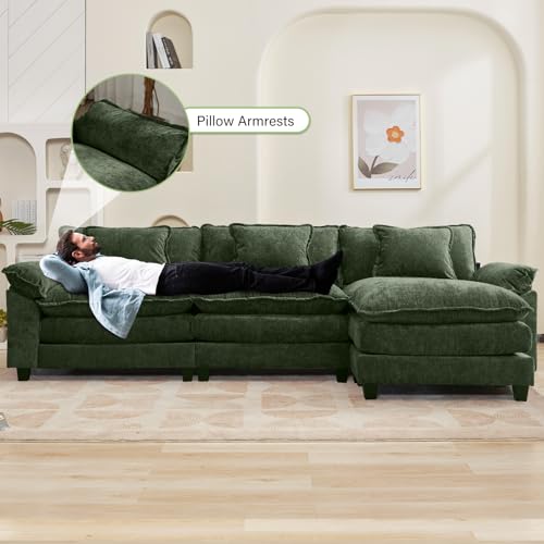 Image of Oprisen 120 inch Modular Sectional Sofa, Comfy Cloud Couch Sectional Sofa with Ottoman, Chenille Sofa Sleeper Deep Seat Sofa with Throw Pillows for Living Room (Green, 120 inch- L Shape)