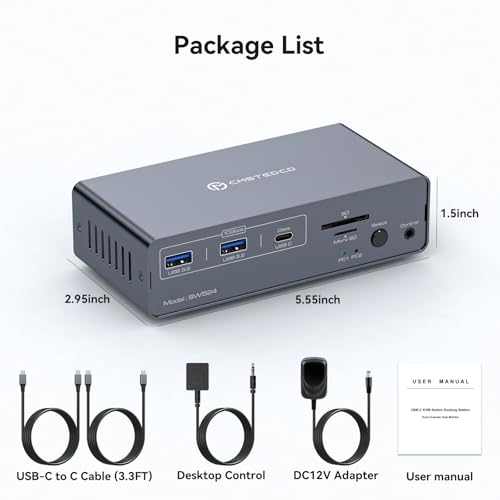 USB C Docking Station with KVM Switch 2 Monitors 2 Computers 4K@60Hz HDMI EDID KVM Switches Dual Monitor for 2 Mac or Laptops Share a 1G Ethernet 5 USB A/C Devices and SD/microSD Card Slots