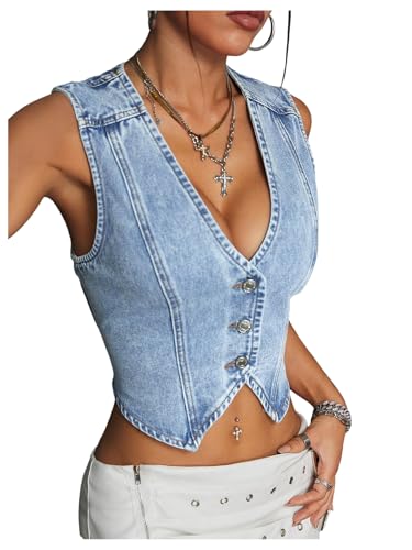 Floerns Women's Going Out Denim Vest Sleeveless Button Up V Neck Y2k Crop Tops