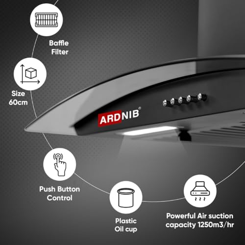 Image of 60 cm 1250 m /hr Wall Mounted Kitchen Chimney (SLEEK BK 60, Push Button, Baffle Filter, Black) - 7 Years Motor Warranty | Proudly Made in India (Push Button, Baffle Filter)