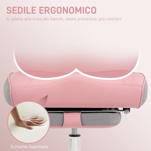 Sedia da Ufficio Ergonomica, Poltrona Direzionale con Poggiapiedi e Seduta Ampia, in Pelle PU, Reclinabile 135° con Poggiatesta, Braccioli e Altezza Regolabile, Rotelle Girevole, 150 kg, Rosa - Sedia gaming - Immagine 3
