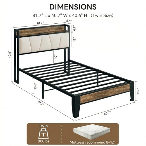 Image of LIKIMIO Twin Bed Frames with Storage Headboard & Charging Station | Upholstered Headboard, Storage Shelf, Solid and Stable, Noise Free, No Box Spring Needed, Easy Assembly (Walnut and Beige)