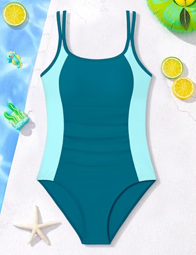 Image of CRISONE Girls One Piece Swimsuits Adjustable Straps Bathing Suit Color Block Padded Pool Beach Swimwear 9-16Y