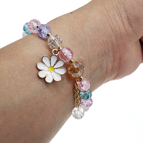 Image of Glazed Flowers Crystal Bead Bracelets 8mm Gemstone Beaded Stretch Bracelet with Flower Bracelet for Women
