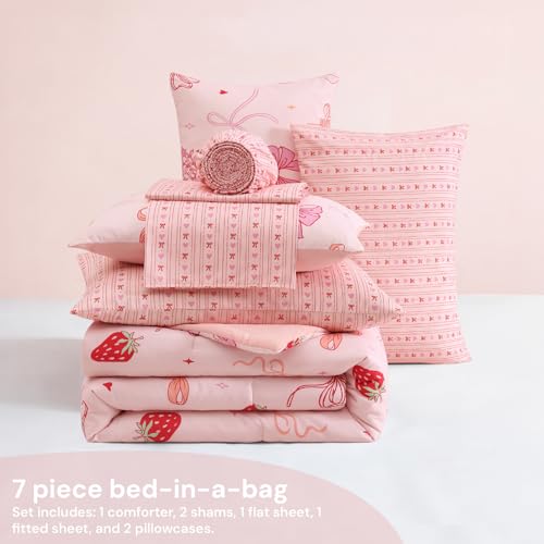 Image of BLOOMHAVEN Full Size Comforter Sets for Girls, 7 Pieces Pink Bedding Set with Strawberry Bow, All Seasons Kids Bed in a Bag with Sheets, Pillowcases & Shams