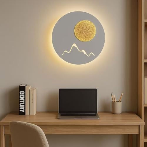 TEKHOME Applique da Muro LED 16W Design Rotondo con Motivo Montagna e Sole, 3000K-6500K, Bianco/Nero, Lampada da Parete Moderna per Camera da Letto Soggiorno Corridoio E48 (BIANCO)