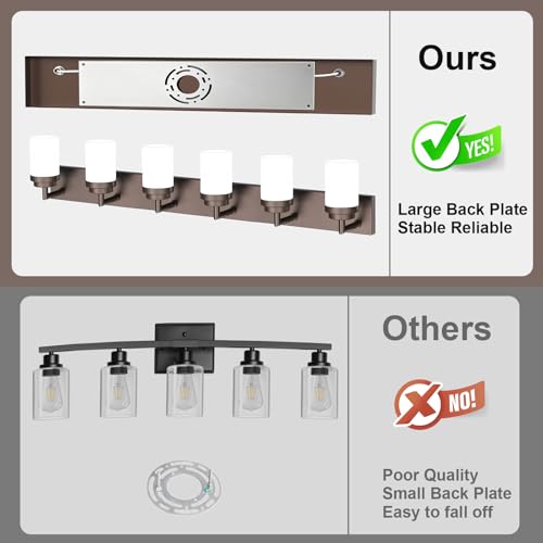 Image of Bathroom Light Fixtures, Oil Rubbed Bronze Bathroom Lighting Fixtures Over Mirror, Modern Vanity Light with White Glass Shade, Restroom Lighting Fixtures, 6-Light 46-inch