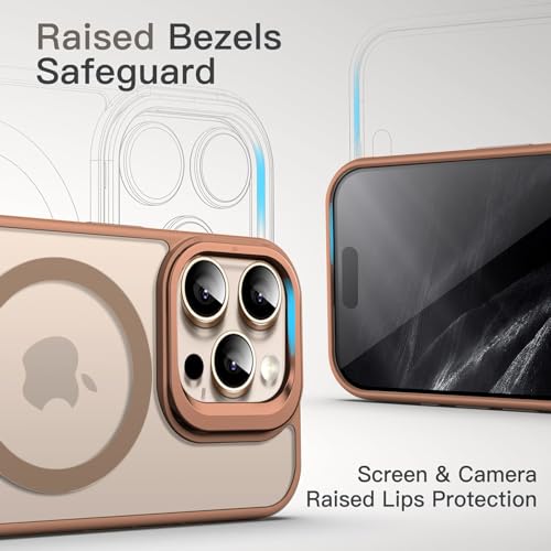 Image of Elzzi Kickstand Mag Safe Polycarbonate Back Case for iPhone 16 Pro Max, Built-in Adjustable Camera Stand, Translucent Matte Magnetic Mag-Safe Shockproof Phone Cover (Desert Titanium)