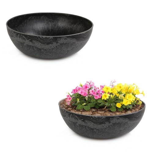 matches21 Pot de fleurs XXL pour l'extérieur – Grand bol décoratif vintage noir marbré comme pot de fleurs – 45 cm comme bain d'oiseaux, décoration de balcon ou cimetière