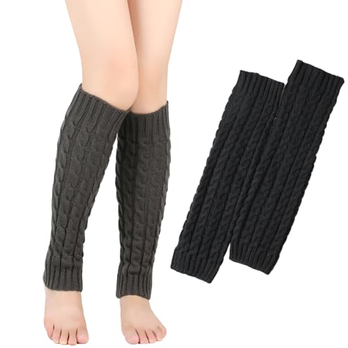 VEGCOO 2 Pares Calentadores Piernas Mujer, Leg Warmers Calentadores de Piernas de Punto para Mujeres, Calentadores Altos Hasta para Otoño e Invierno (Negro+Gris, One size)