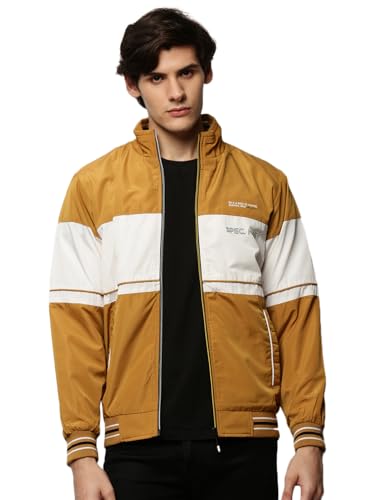 Image of SHOWOFFFF Men Colourblocked Bomber Jacket | Mock Collar Full Sleeves Nylon Jacket for Mens | Slim Fit Regular Length Jacket for Men's