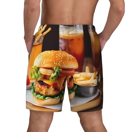 Chicken Leg Burger Drink Men's Soft Double Swim Shorts, Lounge Swiming Shorts Pants Breathable Summer4