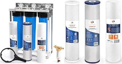 Aquaboon 3-Stage Whole House Water Filter System with 5 Micron 20x4.5 Anti-Scale Reducing Sediment Water Purification and Carbon Chlorine Reduction Filter with Replacement Set