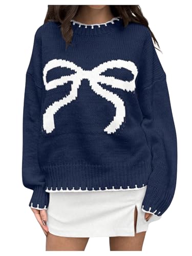 Women's Bow Graphic Long Sleeve Knitted Sweater Round Neck Drop Shoulder Pullover Sweaters