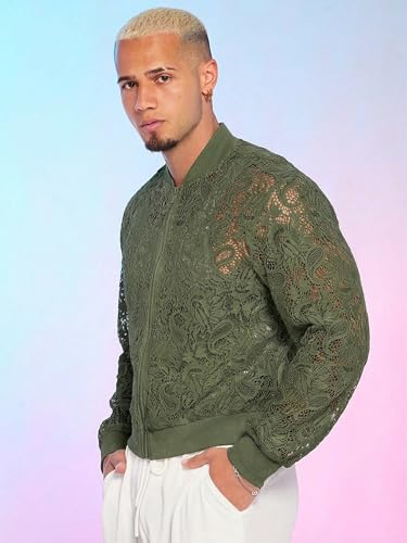 Image of WDIRARA Men's Floral Lace Bomber Jackets Long Sleeve See Through Outerwear | Zip Up Coats, Sexy, Sheer, Party, Concert Outfit