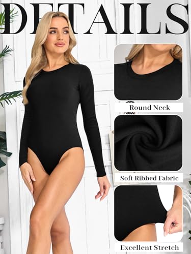 Kefiyis Bodysuit Long Sleeve Bodysuits for Women UK Crew Neck Body Suits Thong Body Suit with Snap Stretch Leotard Tops for Going Out Casual Black M - Image 3