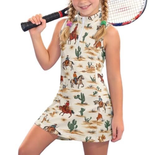 WELLFLYHOM Western Cowboy Tennis Outfits for Girls Moisture Wicking, 4t 5t, Horse Girls Workout Set with Half Zip, Soft Lightweight, All-Match Sport Style