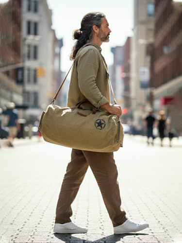 Image of The House of Tara Canvas Travel Duffle Bag | 25 litres | Sports Duffel | Gym Bags | for Men and Women | Adjustable Broad Strap | Airline Carry-On Luggage | Quick Access Pockets | Beige