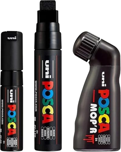 posca Black Paint Marker Set 3 Broad Nib Pens (MOPR PC-17K PC-8K) | Extra Broad Tips 8 mm19 mm | Premium Multi-Surface Acrylic Markers for Artists & Crafters
