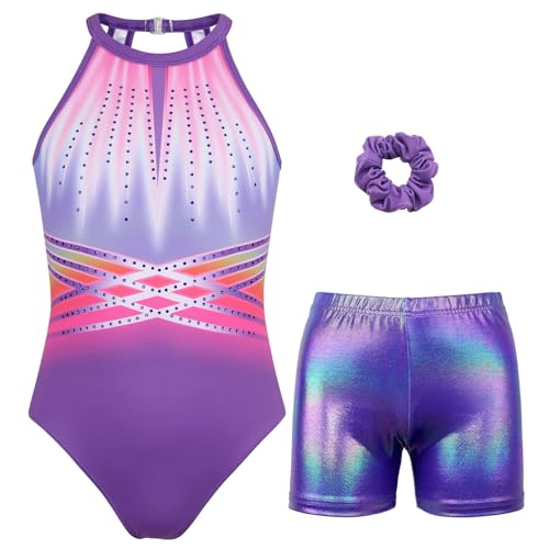 Gymnastics Leotards for Girls With Shorts Sparkly Ballet Dance Clasp Back Activewear Indigo-blue Diamond Set 10-11 Years