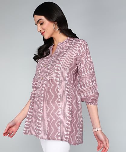 Image of Stylistico Geometric Print Summer Cotton Tunic Western Everyday Regular Fit Full Sleeve v Neck Office Peplum Printed Long Tops for Women Latest