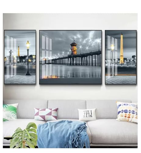 Toile peinture murale de rue et phare | Ambiance lumineuse pour décoration de chambre moderne