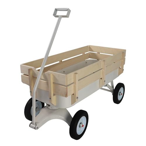 ZeHuoGe Outdoor Sport Wagon All Terrain Pulling w/Removable Wooden Side Panels Solid Tires Big Foot Panel Wagon Pull-Along Wagons (White)
